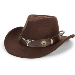 Unisex Brown Western With Bull Skull Buckle Band Fedora Classic Felt Cowboy Hat